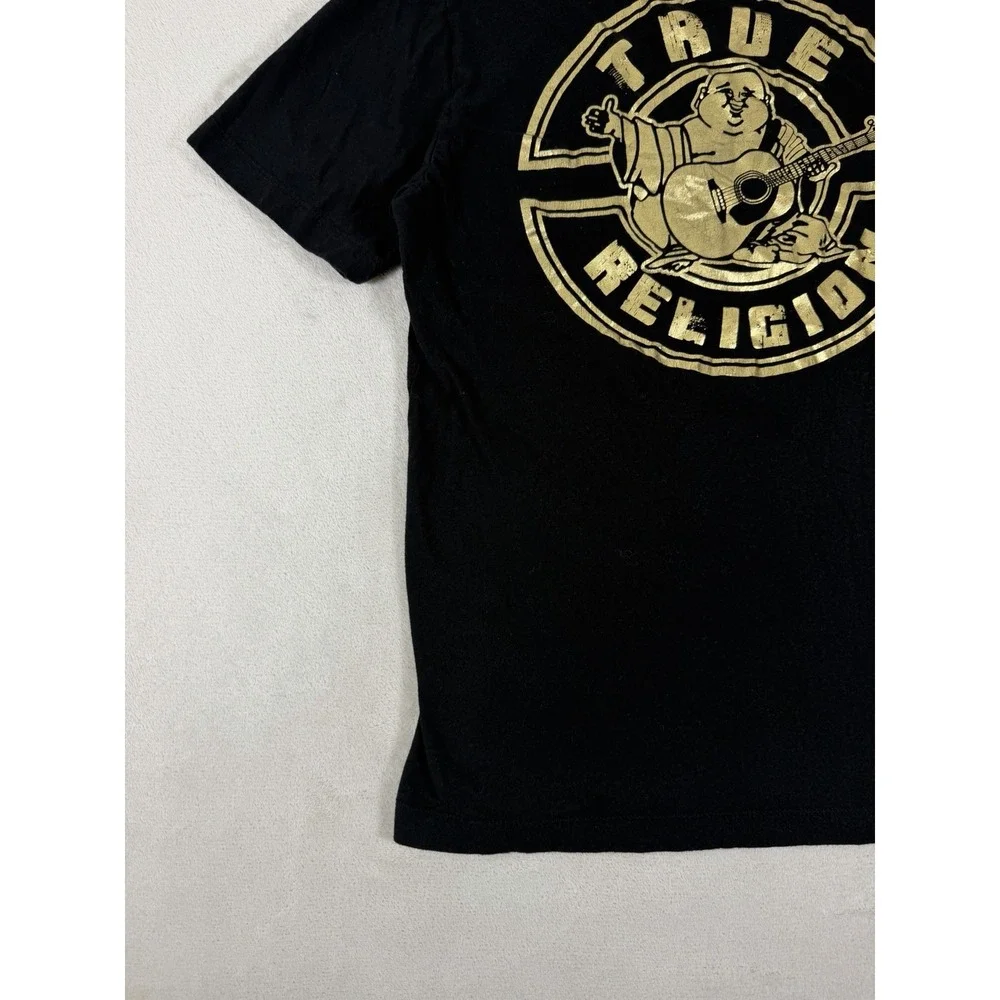 True Religion Mens Black Crew Neck T-Shirt Gold Metallic Horseshoe Logo Small